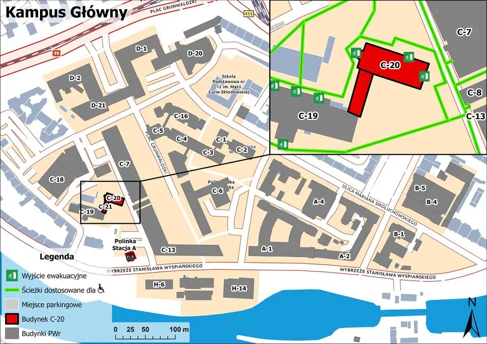 Mapa orientacyjna okolic ul. Hoene-Wrońskiego 13c, Wrocław. Budynek C-20 zaznaczony na czerwono.